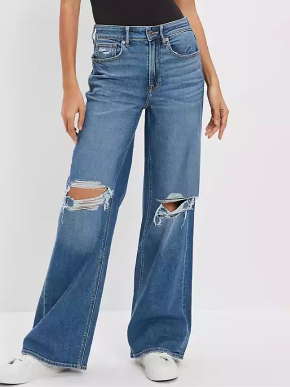 American Eagle Outfitters Wide-Leg High-Rise Distressed Jeans - Medium Blue